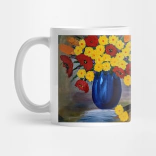 red poppies and yellow flower in a vase Mug